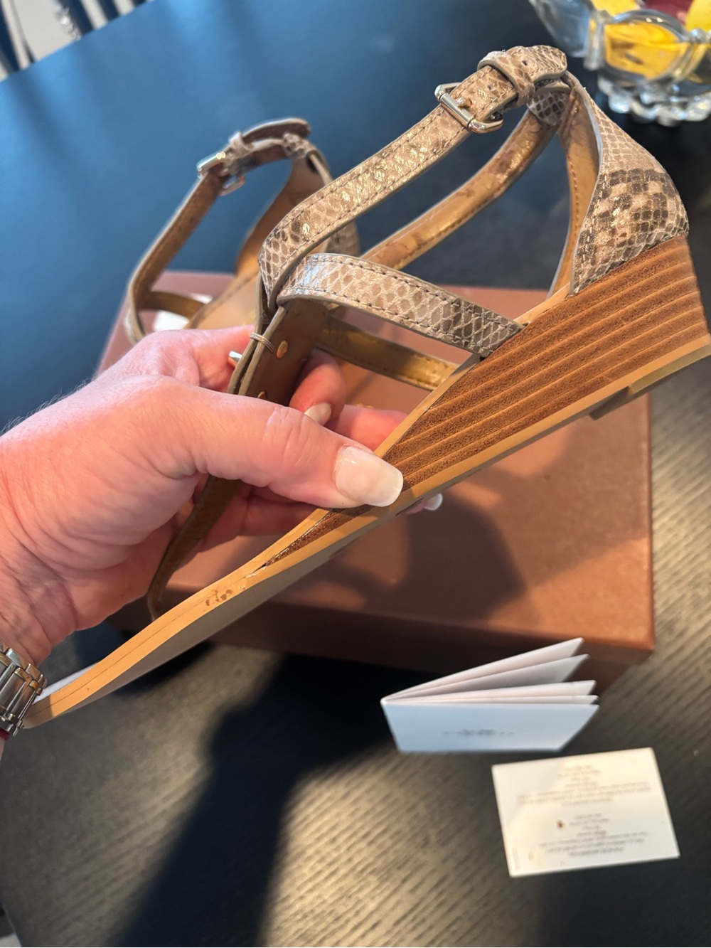Coach Ingrid Tan Snakeskin-Print Thong Wedge Sandals with Gold Turnlock - Picture 6 of 9
